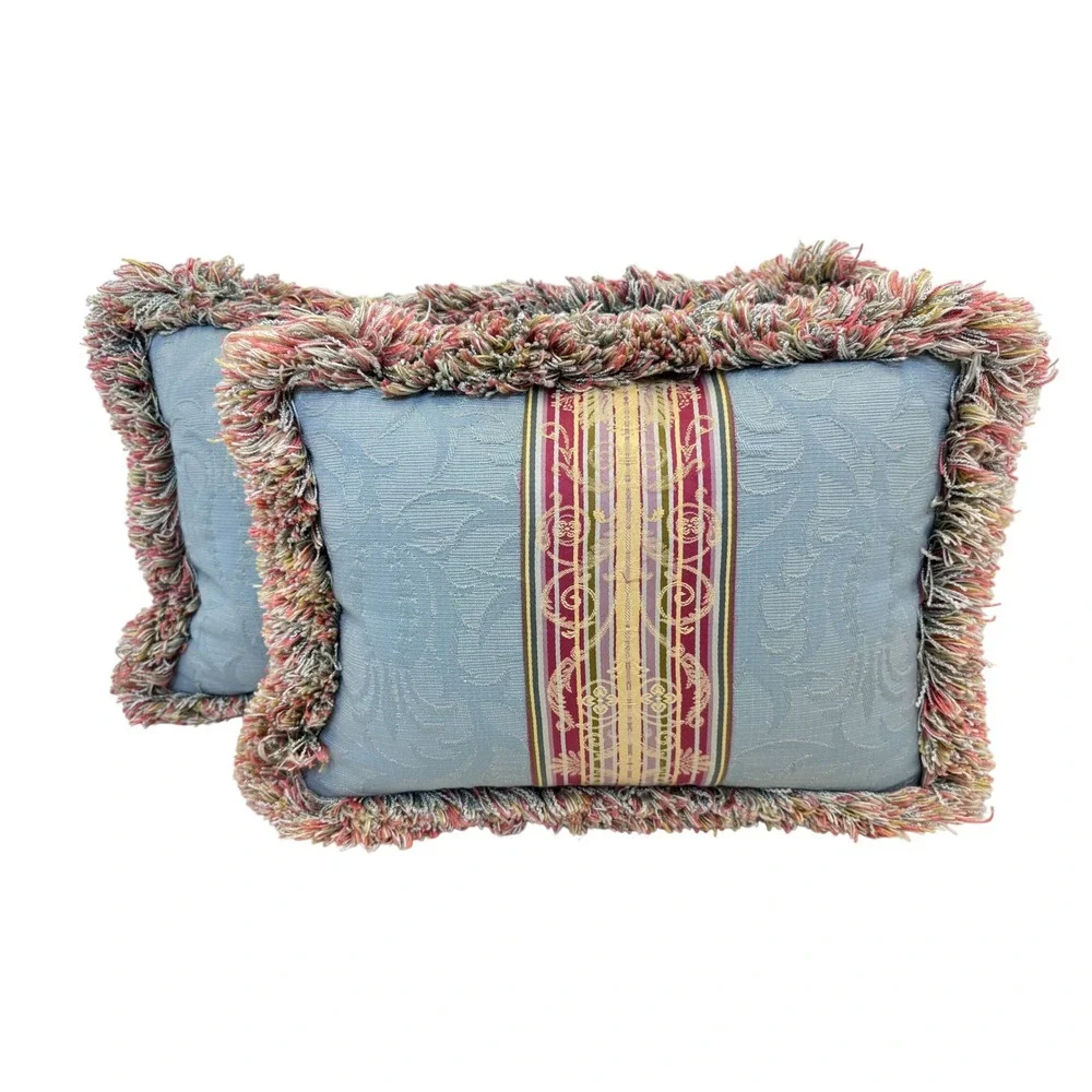 Blue Damask Lumbar Throw Pillows Down Filled Set of 2 w/Multi Color Brush Fringe
